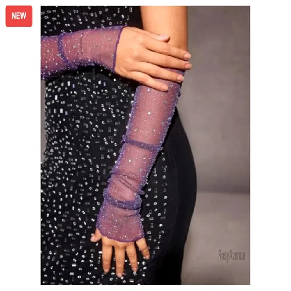 Rhinestone Sparkly Fingerless Mesh Sheer Arm Gloves Wedding Formal